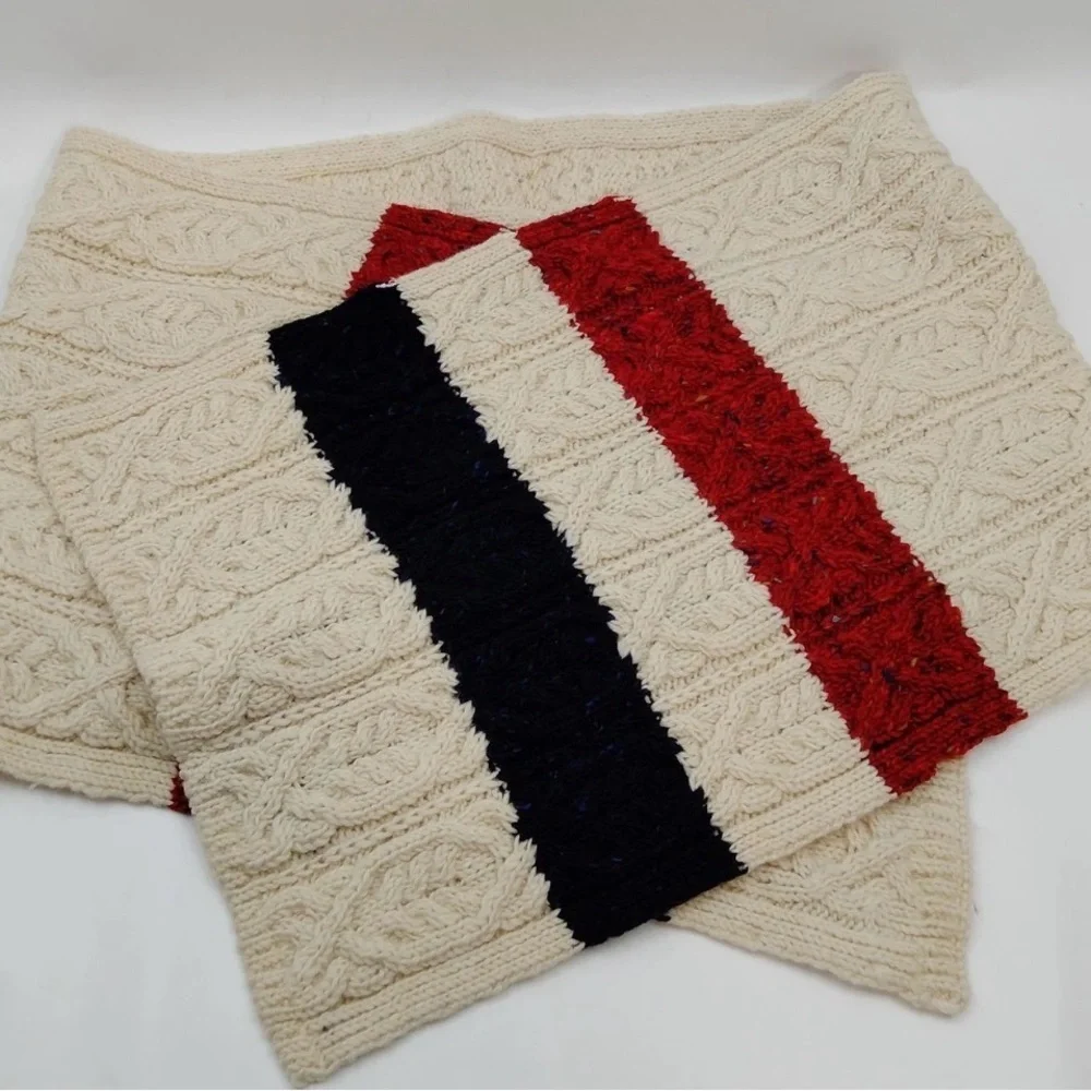 Thom Browne Striped Cable Knit Scarf Ivory w/ Red Navy Signature Stripe Wool